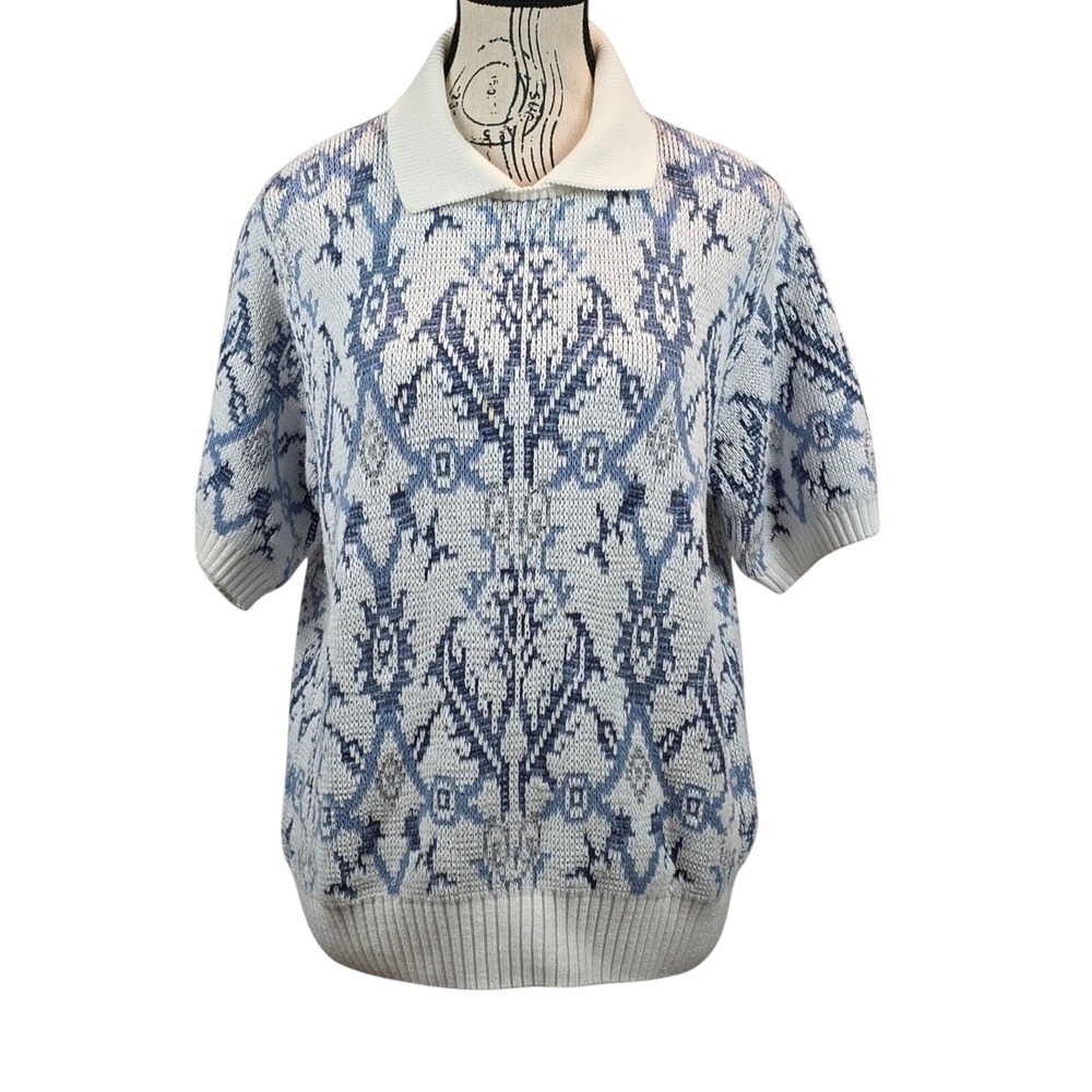 Alfred Dunner Vintage Knit Polo Sweater Blue White Retro‎ Preppy Mens Small